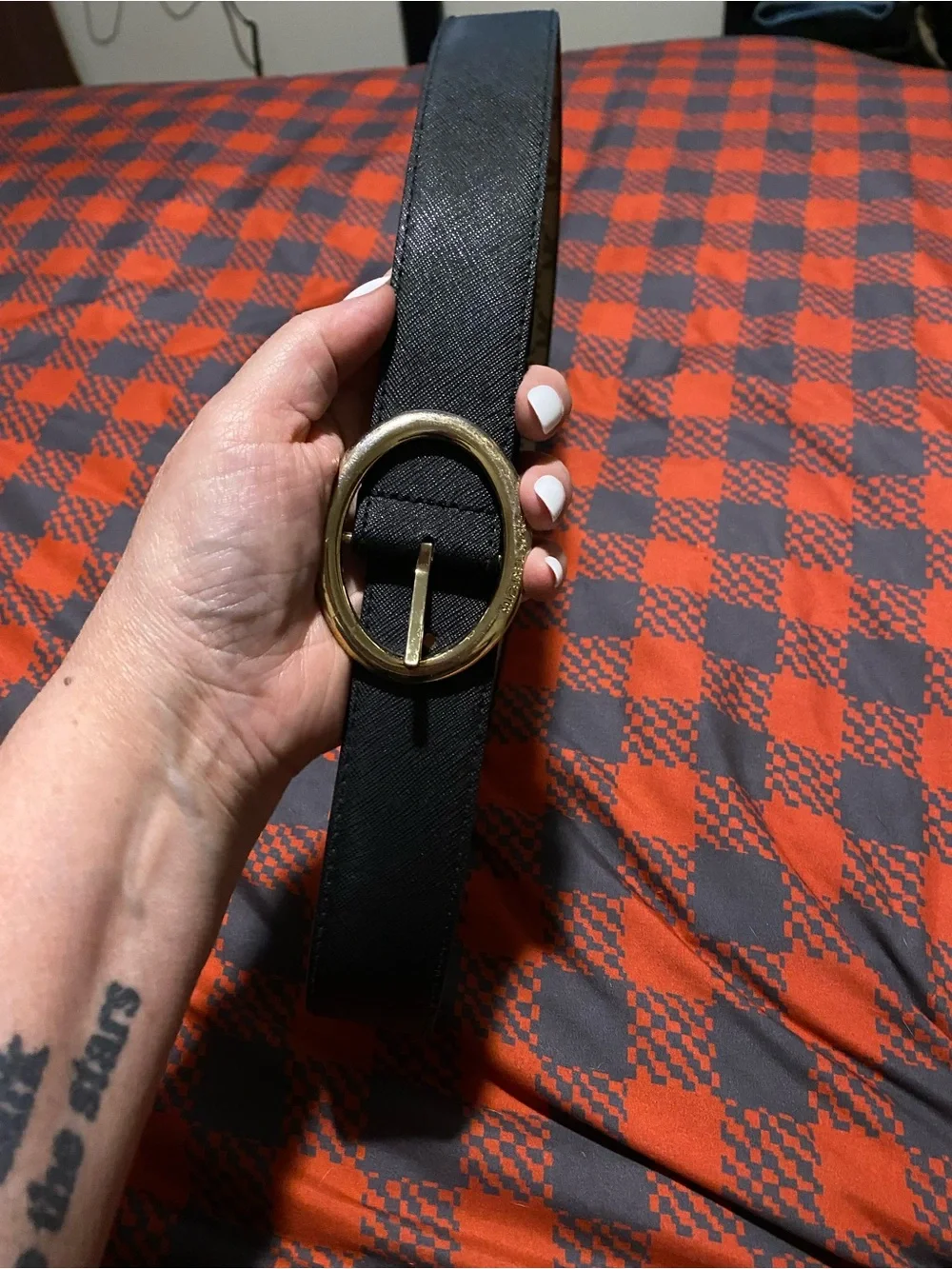 Michael Kors Beige MK Monogram Belt with Gold Round Buckle reversible XL